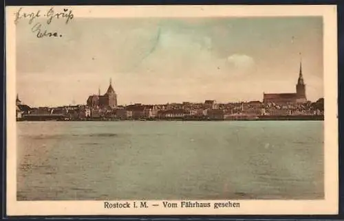 AK Rostock i. M., Teilansicht mit Kirche vom Fährhaus gesehen