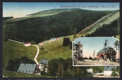 AK Wildenthal, Ortsansicht mit Auersberg, Auersberghaus mit Aussichtsturm