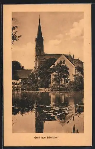 AK Bärnsdorf, Blick auf die Kirche vom See aus