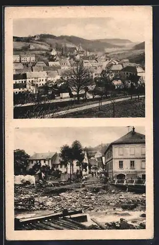 AK Bad Gottleuba, Brücke an der Schule und Mollesches Haus vor und nach dem Unwetter 1927