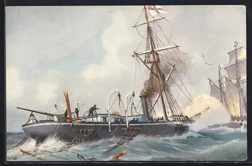 Künstler-AK Christopher Rave: Deutsches Kanonenboot Meteor im Kampf mit frz. Aviso Bouvet, 1870