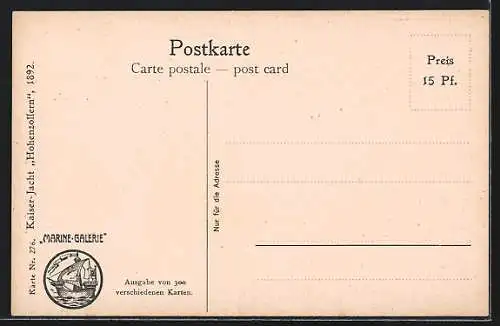 Künstler-AK Christopher Rave: Kaiser-Jacht Hohenzollern 1892