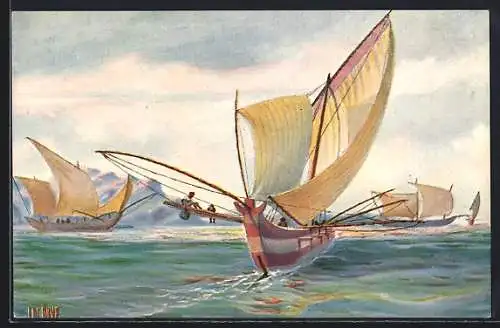 Künstler-AK Christopher Rave: Segelboote mit Ausleger, Cochinchina, Jetztzeit
