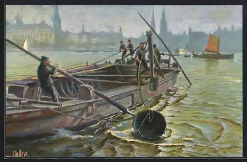 Künstler-AK Christopher Rave: Baggerschiffe auf der Alster