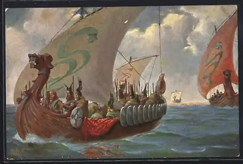 Künstler-AK Christopher Rave: Normannenboot, 9. Jh.
