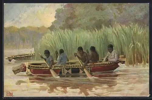 Künstler-AK Christopher Rave: Ruderboot, Westafrika, Jetztzeit