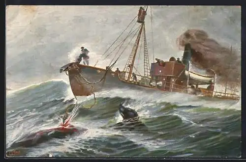 Künstler-AK Christopher Rave: Walfischdampfer beim Fang, 1900