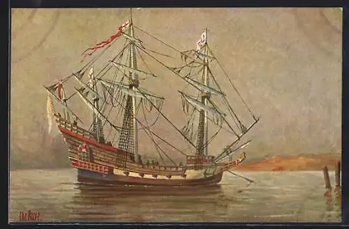 Künstler-AK Christopher Rave: Englisches Kriegsschiff vor einer Küste, 16. Jh.