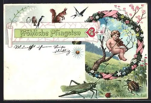Lithographie Geige spielender Engel im Blütenkranz, Eichhörnchen, Grashüpfer, Marienkäfer, Vögel, Pfingstgruss