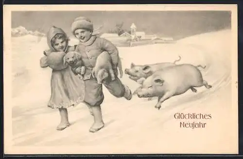 AK Kleines Paar mit Ferkeln im Schnee, Neujahrsgruss