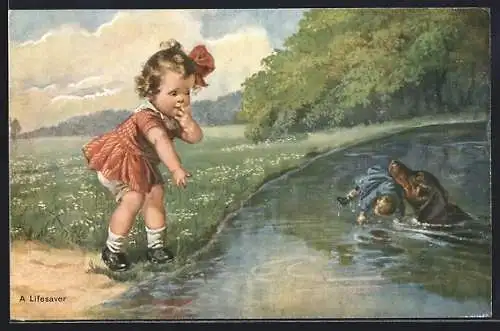Künstler-AK Wally Fialkowska: Hund bringt einem Mädchen ihre ins Wasser gefallene Puppe zurück