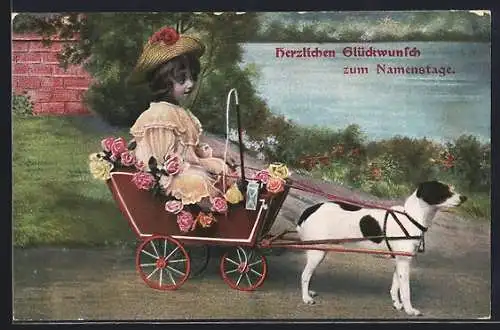 AK Mädchen in einem mit Rosen geschmückten Hundegespann
