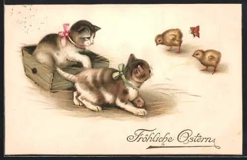 AK Kätzchen spielen mit Küken