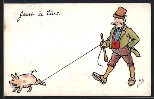 AK Pfeifenraucher mit Knüppel und Ferkel an einer Leine