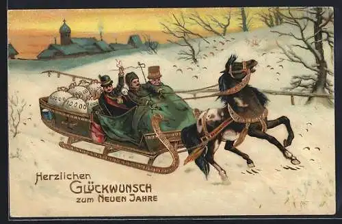 AK Fröhliche Schlittenfahrt mit Geldsäcken in Schnee-Idylle, Neujahrsgruss