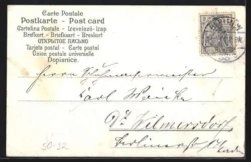 Lithographie Hunde und Katze jagen Maikäfern hinterher, Pfingstgruss