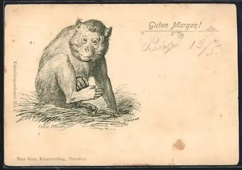 Lithographie Guten Morgen!, Affe im Stroh