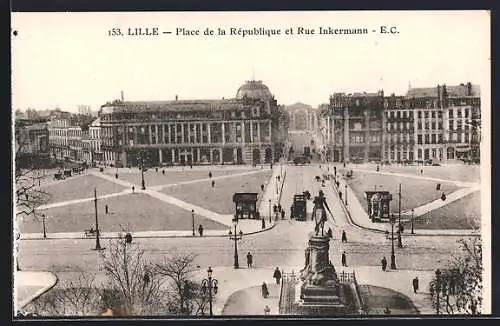 AK Lille, Place de la République et Rue Inkermann, Strassenbahn
