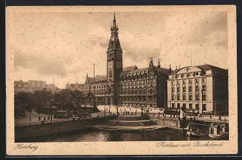 AK Hamburg, Rathaus mit Reichsbank und Strassenbahn