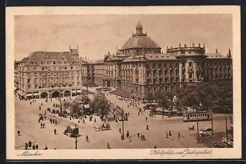 AK München, Karlsplatz und Justizpalast mit Strassenbahn