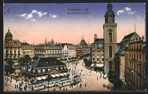 AK Frankfurt am Main, Hauptwache und Zeil, belebter Ort mit Strassenbahn
