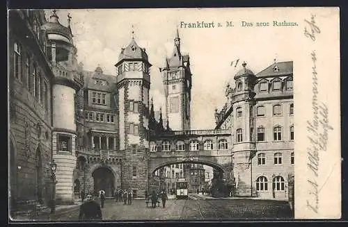 AK Frankfurt a. M., Neues Rathaus mit Strassenbahn