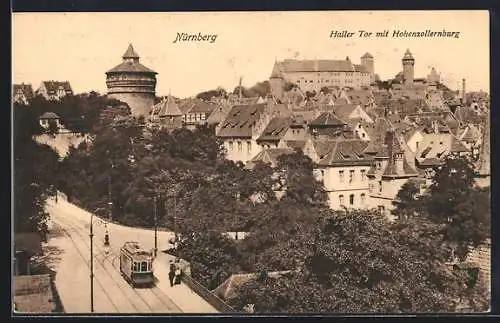 AK Nürnberg, Haller Tor und Hohenzollernburg mit Strassenbahn