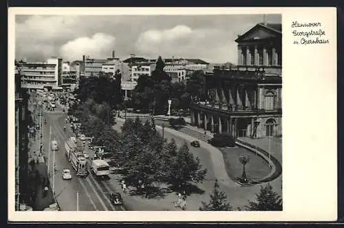 AK Hannover, Georgstrasse mit Opernhaus und Strassenbahn