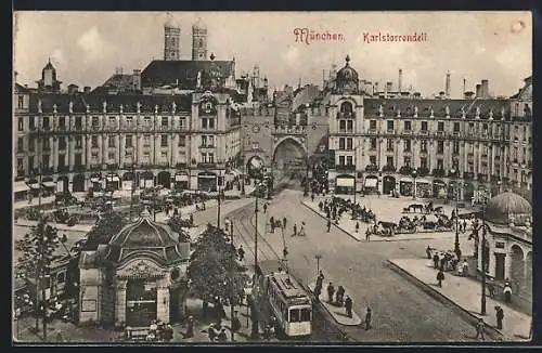 AK München, Karlstorrondell mit Strassenbahn