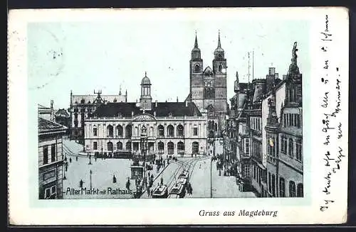 AK Magdeburg, Alter Markt mit Rathaus und Strassenbahn