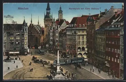 AK München, Marienplatz mit Altem Rathaus und Strassenbahn