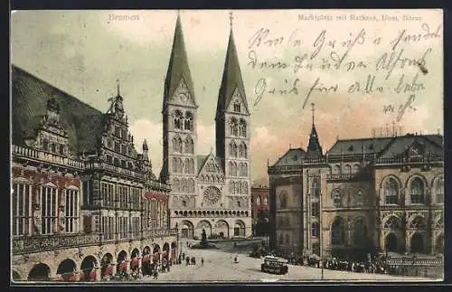 AK Bremen, Marktplatz mit Rathaus, Dom, Börse und Strassenbahn