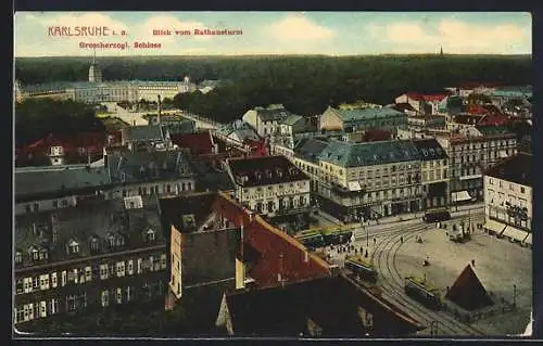 AK Karlsruhe, Blick vom Rathausturm auf Grossherz. Schloss