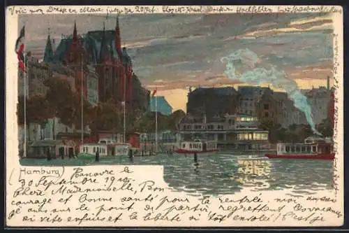 Künstler-AK Heinrich Kley: Hamburg, Dampfer am Anleger