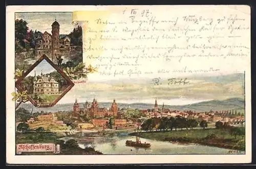Künstler-AK Aschaffenburg, Totalansicht, Schloss