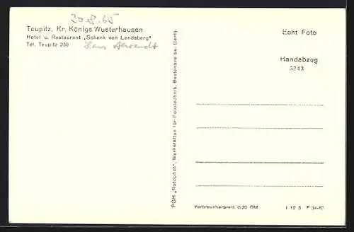 AK Teupitz /Kr. Königs Wusterhausen, Hotel und Restaurant Schenk von Landsberg