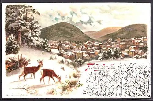 Lithographie Friedrichroda, Teilansicht mit Rehen im Winter