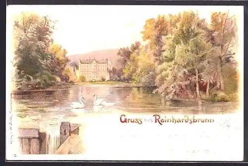 Lithographie Friedrichroda, Schwanenteich vor dem Schloss