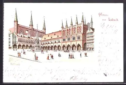 Lithographie Lübeck, Rathaus mit Denkmal