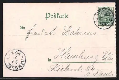 Lithographie Lübeck, Rathaus mit Denkmal