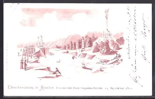Lithographie München, Überschwemmung, Einsturz der Prinz-Regenten-Brücke um 1900