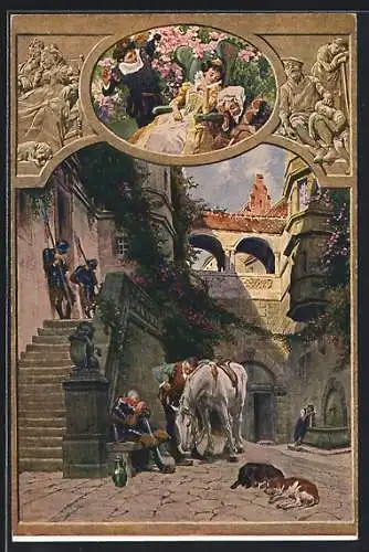 AK Prinz steht neben dem schlafenden Dornröschen, Hofansicht mit schlafenden Leuten, Hunden und Pferd