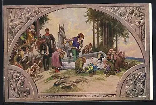 Künstler-AK P. Hey: Schneewittchen, der Prinz am gläsernen Sarg der Prinzessin