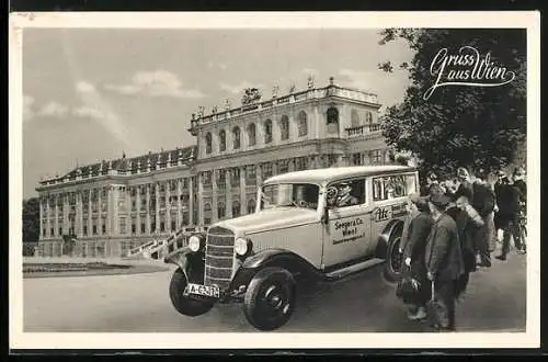 AK Wien-Schönbrunn, Schloss, Neugiereige Leute am Auto Seegers & Co., Gauermanngasse 2