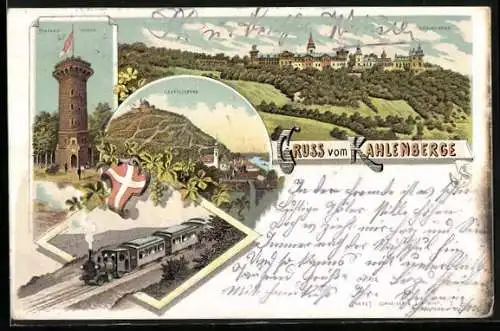Lithographie Wien-Kahlenberg, Stefanie-Warte, Leopoldsberg, Ortsansicht