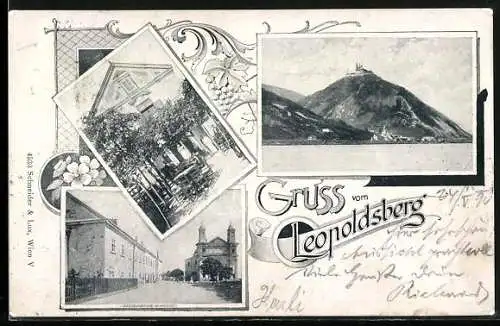 AK Wien-Leopoldsberg, Ortsansicht, Restauration & Kirche, Gartenpartie