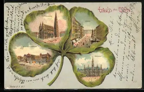 Passepartout-Lithographie Wien, Stephansdom, Graben, Rathaus und Reichsrathsgebäude im Kleeblatt-Passepartout