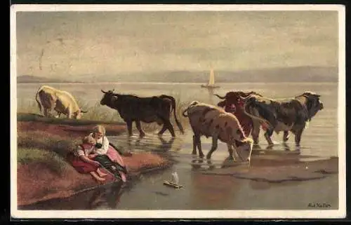 AK Vieh am See von Rudolf Koller