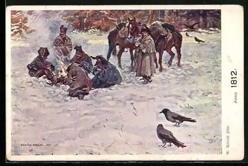 Künstler-AK Soldaten am Lagerfeuer in einer Winternacht