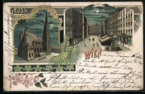 Lithographie Wien, Stefansdom, Graben bei Nacht